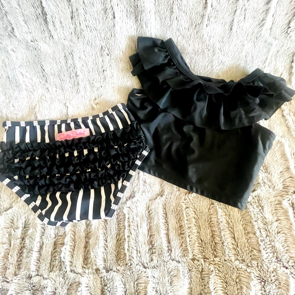 RuffleButts Black & White Striped Ruffled Tankini 3T